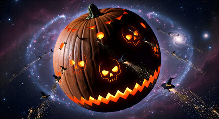 Spooky Halloween pumpkin with skull faces glows in starry galaxy with flying witch hats creating magical trails