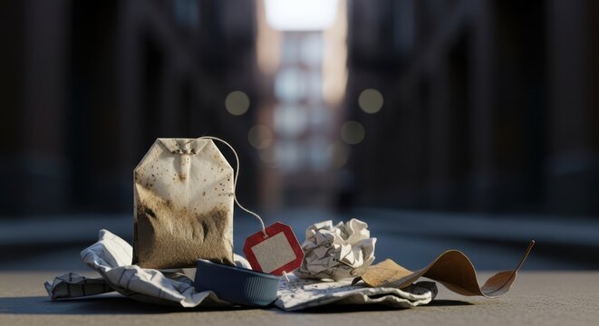 Discarded tea bag and litter on urban street at dusk