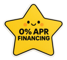 Obraz premium Cheerful yellow star sticker with 0% APR FINANCING offer in bold font, appealing retail promo sticker on transparent background.