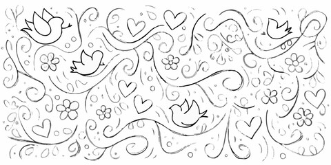 Whimsical hand drawn black and white pattern with birds hearts and flowers