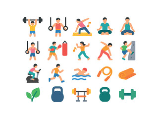 Fototapeta premium colorful flat vector icons Gym (Types) gym fitness gym sport gym cardio gym strength gym yoga gym pilates gym crossfit gym boxing gym dance gym stretch gym spin gym run gym swim gym climb.