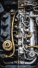 Diptych close-up of a complex grimy industrial diesel engine with intricate pipes hoses and metallic textures.