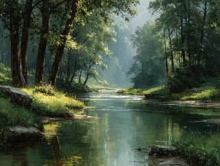 Sunlight streams through a verdant forest, illuminating a tranquil river