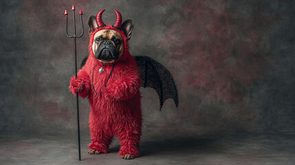 French Bulldog dog with red devil costume wearing a fluffy full body suit with fake arms holding a pitchfork, with devil tail, horns and black bat wings standing