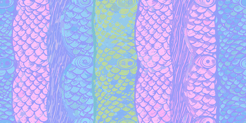 Whimsical vertical stripes of colorful fish scales and eyes in pastel shades © Sanjoy