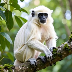 Obraz premium A pristine white monkey, with dark facial features, sits perched gracefully on a tree branch amidst a lush green forest.