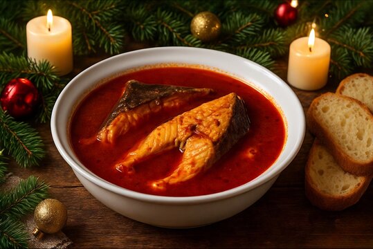 Traditional Hungarian fish soup (hal&aacute;szl&eacute;) served in a porcelain bowl on a festive Christmas table