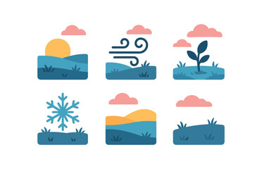 vector colorful flat filled icons frosted meadow (evening): golden glow cool tones long shadows quiet field pink clouds cold breeze.