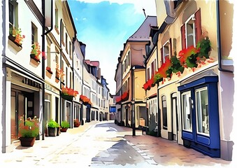 Fototapeta premium Charming watercolor painting of a quaint European street scene, featuring historic old buildings adorned with vibrant flower boxes, evoking a picturesque and serene atmosphere.