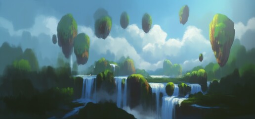 Ethereal fantasy landscape with majestic floating islands and cascading waterfalls, evoking a magical and otherworldly atmosphere.