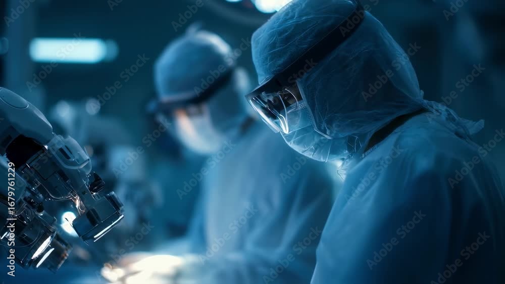 Poster robotic laparoscopy docking in progress shown in medium shot highlighting the singleport interface w