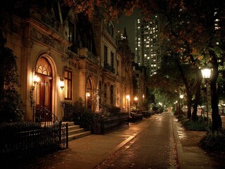 Elegant, historic street at night, illuminated by warm lights