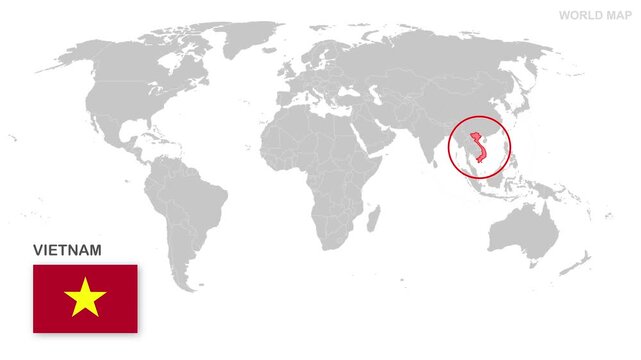 Vietnam Map Video, highlighted in world map with national flag and borders, perfect for presentations, travel, education, geography, and global studies.