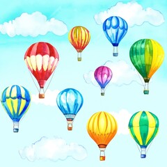 Vibrant watercolor painting of a collection of colorful hot air balloons gracefully drifting through a soft, cloudy sky, evoking a sense of adventure and wonder.