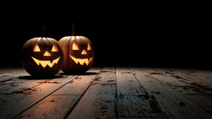 Glowing jack-o'-lanterns on a dark background with a wooden floor surface. 3D Rendering