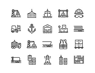 Fototapeta na wymiar Cargo Port Vector Icon Set | Adjustable Line Weight | Shipping, crane, container, freight, forklift, logistics, anchor, safety gear, port terminal, pallet, barge, transport, cargo icons