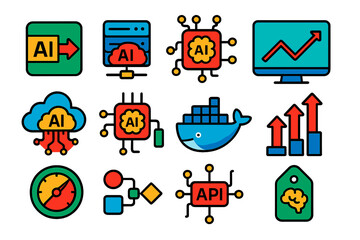 AI Deployment Icons. Flat vector icons of AI deployment: model export, model serving, inference engine, real-time prediction,