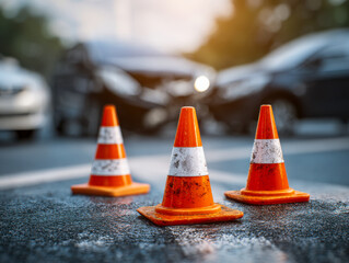 Traffic cones blocking a parking lot or street area during daytime