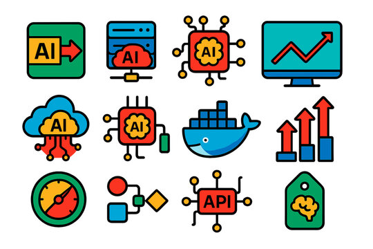 AI Deployment Icons. Flat vector icons of AI deployment: model export, model serving, inference engine, real-time prediction,