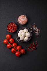 Mozzarella cheese balls, fresh white mini slices for Mediterranean food. Mozzarella cheese