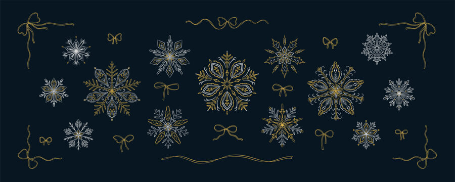 Set of luxury fancy gold and silver snowflakes, bow ribbon rectangle frames, corners, dividers. Coquettish hand drawn sketch doodle vector illustration. Christmas and happy new year winter background