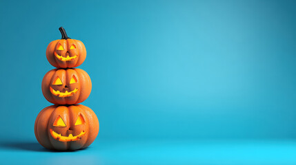 Halloween background for Trick or Treat with stacked Jack O'lanterns on a blue background