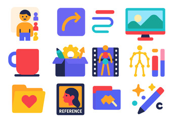 Fototapeta premium Flat Animation Icons. Flat vector icons of animation assets and libraries: character set icon, motion preset, background loop,
