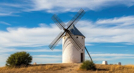 Fototapeta premium A white windmill with four sails stands on a hill under a blue sky streaked with clouds
