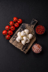 Mozzarella cheese balls, fresh white mini slices for Mediterranean food. Mozzarella cheese
