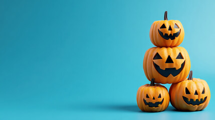Halloween background for Trick or Treat with stacked Jack O'lanterns on a blue background