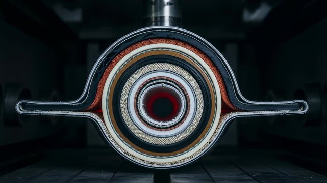 Crosssectional view of a Kevlar fuel bladder being vulcanized inside an industrial oven revealing layers of composite materials sealed for aerospace safety.