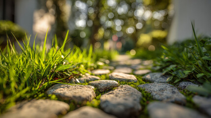 Fototapeta premium Winding stone pathway surrounded by greenery on a sunny day