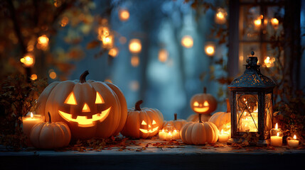 Obraz premium Halloween background with Jack O'Lantern and pumpkins