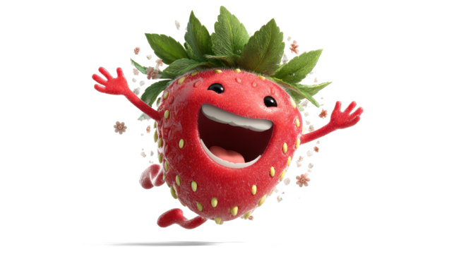 cute strawberry character standing with a goofy smile, tongue sticking out, and one eye squinting.