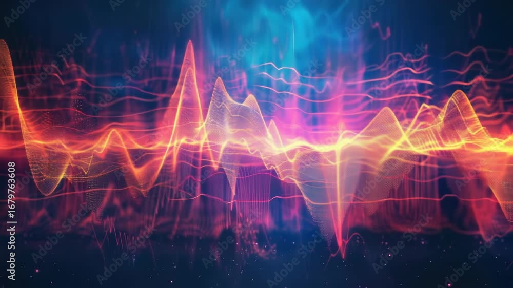Poster A vibrant representation of a sound wave, suitable for use in music-related contexts or as a visual aid for sound design