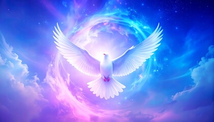A white dove in flight, encircled by a vibrant, swirling nebula of purple, blue, and pink hues against a backdrop of clouds and stars