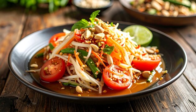 A vibrant display of delicious Thai papaya salad, showcasing a medley of colorful vegetables, aromatic herbs, and crunchy peanuts, served in a dark plate on a rustic wooden table.