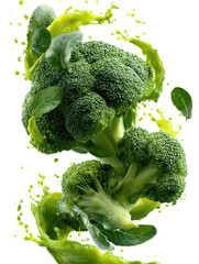 broccoli  swirling in mid-air with spiraling green juice splashes