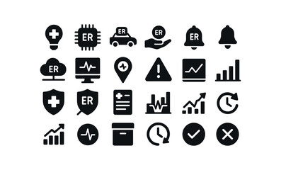 vector solid black filled icons Emergency Room (Advanced) er smart er ai er auto er manual er synced er unsynced er monitor2 er track er alert er notify er secure er unsecure er report er.