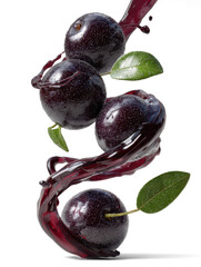 juneberries swirling in mid-air with glossy dark purple juice spirals