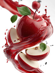 red apple slices spinning in air, wrapped in vibrant red juice splashes