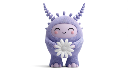 lavender alien with spiraling horns, huge eyelashes, and a gentle grin