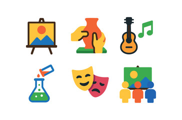 vector colorful flat filled icons transitional schooling (creative): art wall clay modeling music class science experiment drama practice group painting.