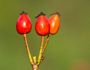 Obraz premium Close-up of three vibrant red rose hips