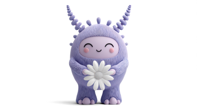 lavender alien with spiraling horns, huge eyelashes, and a gentle grin