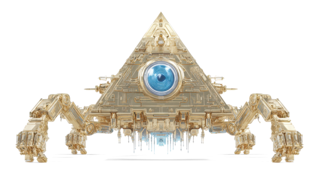 metallic gold alien shaped like a pyramid