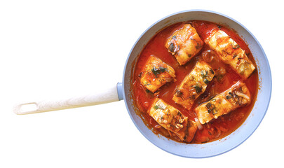 Fish stewed in tomato sauce in a frying pan, isolated on a transparent background