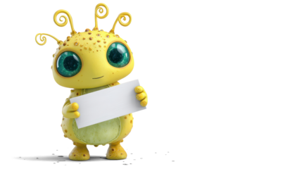 pastel yellow alien with a triangular head, spiral antennas, and freckles shaped like stars