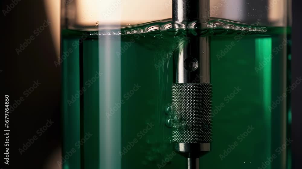 Poster macro shot on sensor calibration displaying fluid dynamics during green monopropellant preparation f