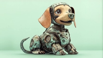 A whimsical, futuristic canine robot sits against a soft mint backdrop, its detailed steampunk armor adding a unique touch. - Powered by Adobe